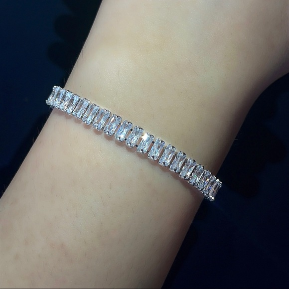 Rectangular Baguette Diamond CZ Tennis Bracelet 110 - Picture 2 of 7